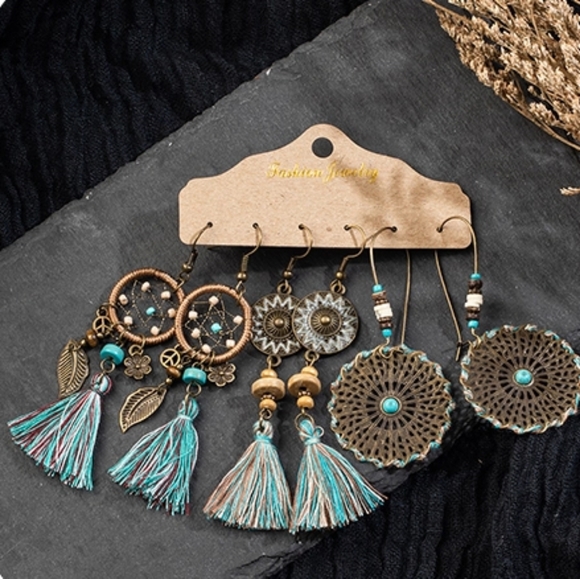 Hand Crafted Jewelry - 3 Pair Set Tribal Bohemian Dangle Earrings